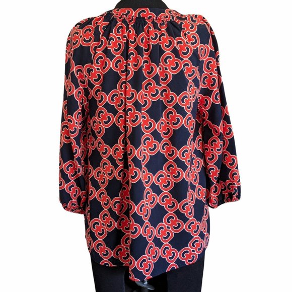Crown & Ivy Black & Orange Top Blouse Tunic Petite Large 3/4 Puff Sleeves - Picture 2 of 8